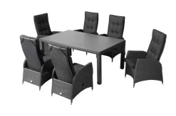 OUTFLEXX Rocking Garten-Essgruppe, grau/braun-meliert, Polyrattan, Tisch 180 x 110 cm, 6 Sessel