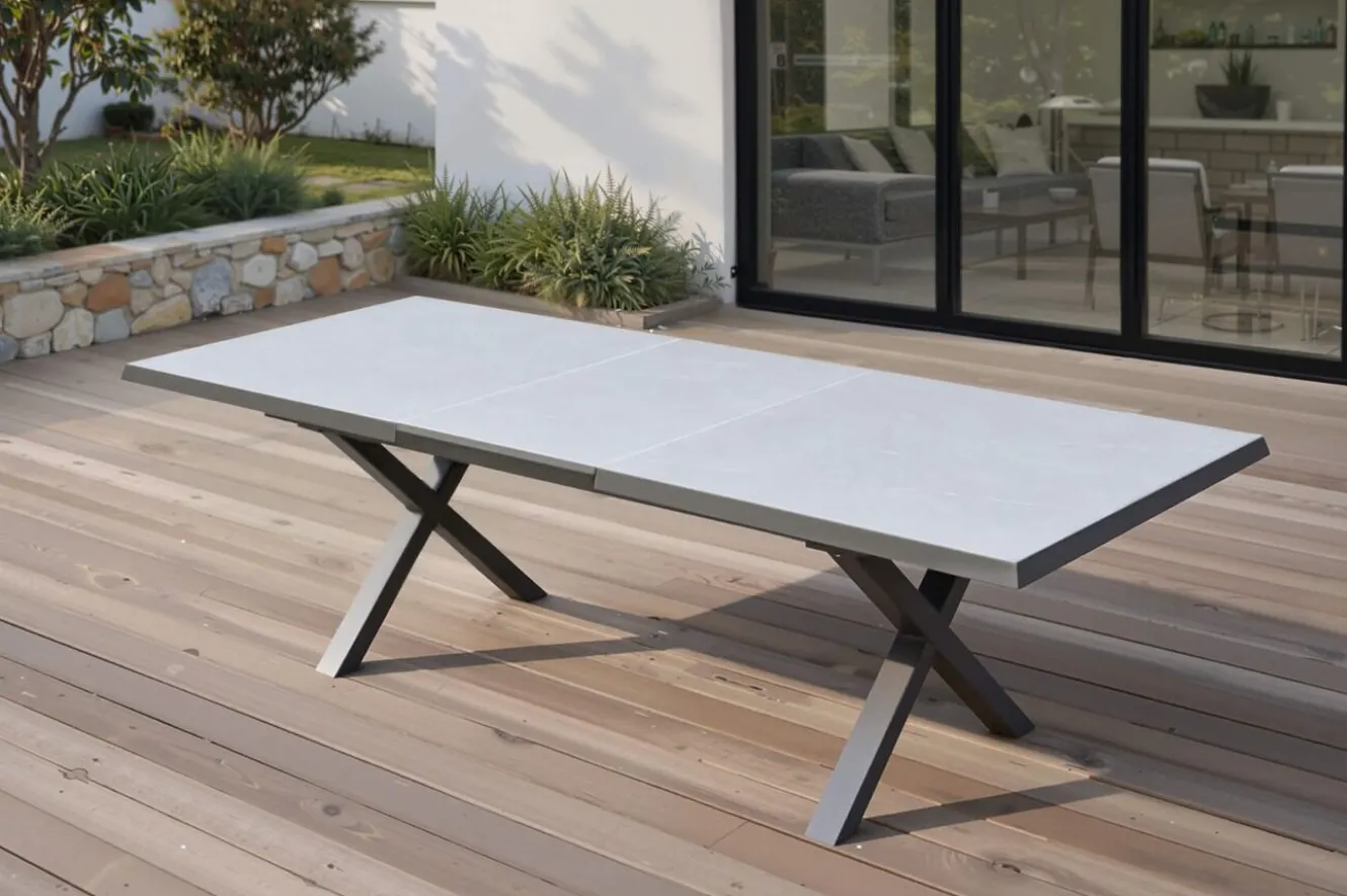 OUTFLEXX Serro Ausziehtisch, schwarz/grau, Aluminium und Steinimitat, 200/260 x 100 cm, modernes X-Gestell