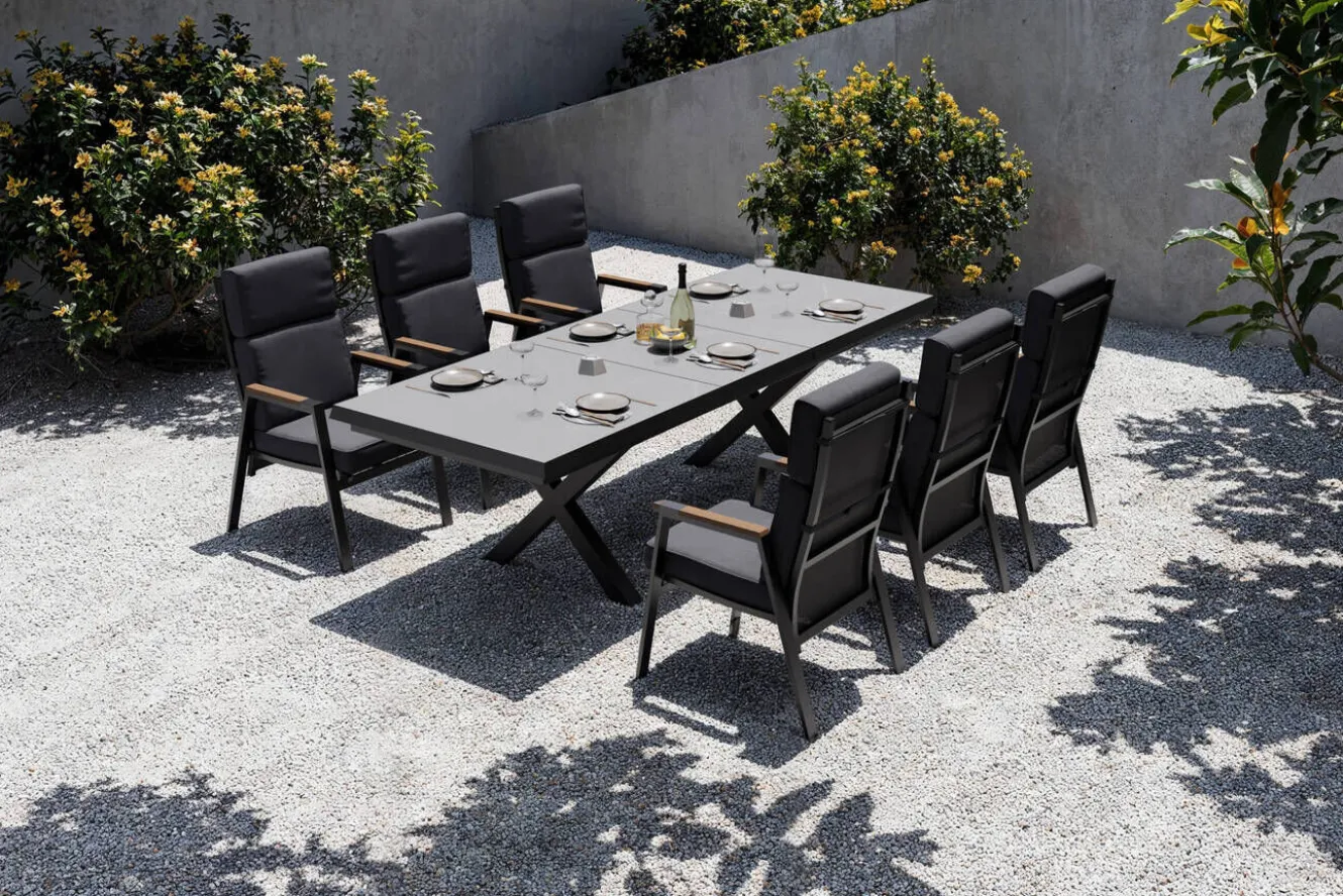 OUTFLEXX Serro Garten-Essgruppe, schwarz/anthrazit, Alu/Steinimitat/Teak, Tisch 200/260 x 100 cm, ausziehbar, 6 Stapelsessel