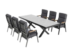 OUTFLEXX Serro Garten-Essgruppe, schwarz/anthrazit, Alu/Steinimitat/Teak, Tisch 200/260 x 100 cm, ausziehbar, 6 Stapelsessel