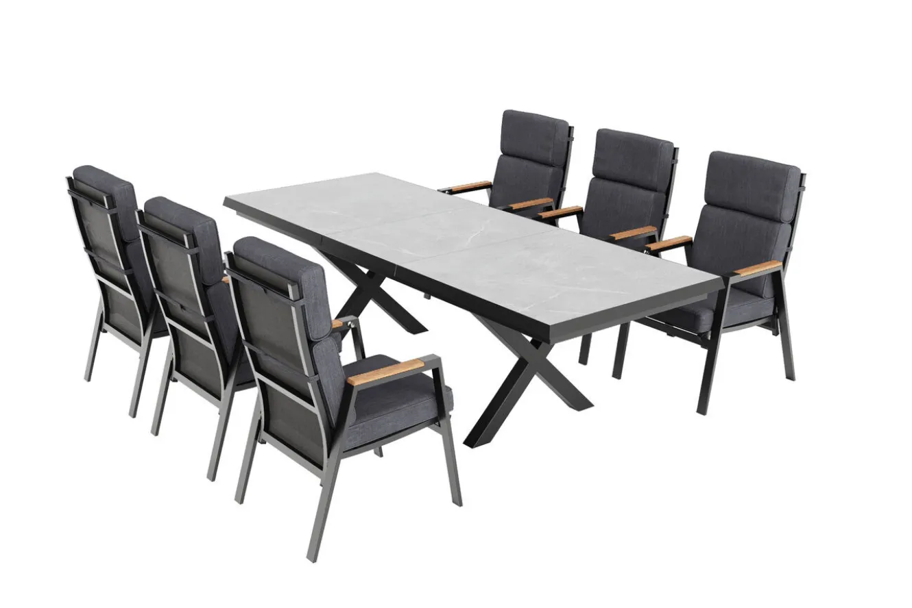 OUTFLEXX Serro Garten-Essgruppe, schwarz/anthrazit, Alu/Steinimitat/Teak, Tisch 200/260 x 100 cm, ausziehbar, 6 Stapelsessel