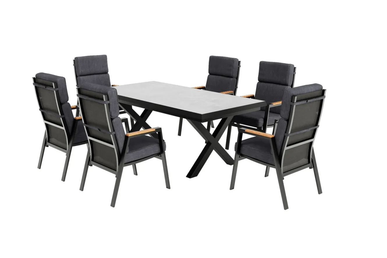 OUTFLEXX Serro Garten-Essgruppe, schwarz/anthrazit, Alu/Steinimitat/Teak, Tisch 200/260 x 100 cm, ausziehbar, 6 Stapelsessel