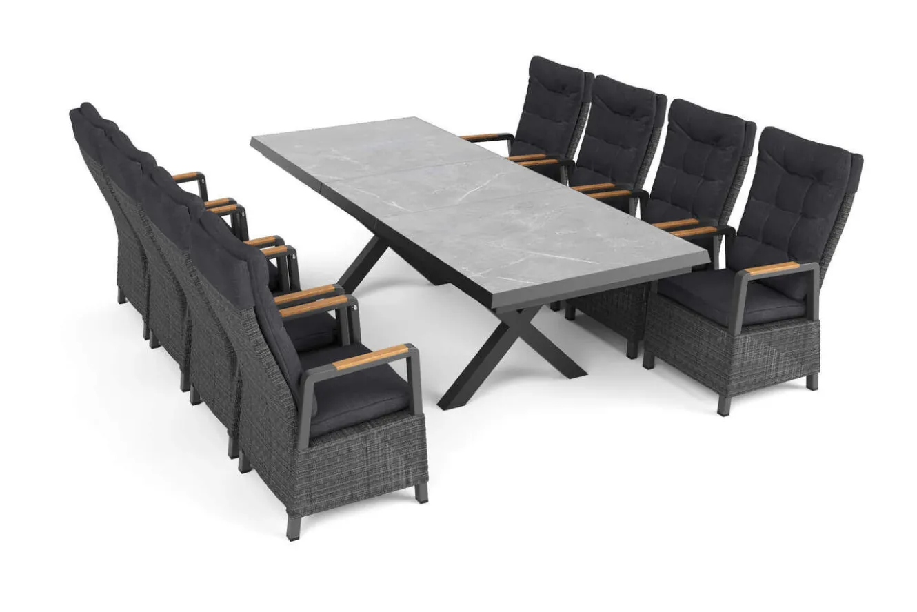 OUTFLEXX Serro Garten-Essgruppe, schwarz/anthrazit/grau, Alu/Polyrattan/Steinimitat, 200/260 x 100 cm, 8 Diningsessel, FSC®-zertifiziert, ausziehbar