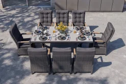 OUTFLEXX Serro Garten-Essgruppe, schwarz/anthrazit/grau, Alu/Polyrattan/Steinimitat, 200/260 x 100 cm, 8 Diningsessel, FSC®-zertifiziert, ausziehbar
