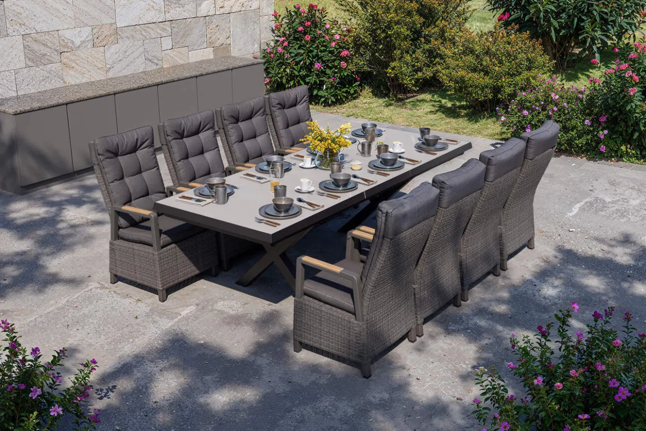 OUTFLEXX Serro Garten-Essgruppe, schwarz/anthrazit/grau, Alu/Polyrattan/Steinimitat, 200/260 x 100 cm, 8 Diningsessel, FSC®-zertifiziert, ausziehbar