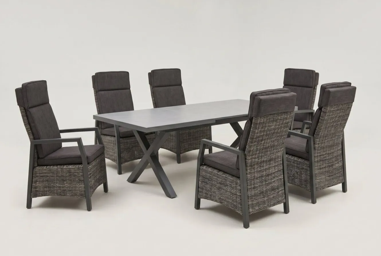 OUTFLEXX Serro Garten-Essgruppe, schwarz/anthrazit/grau, Aluminium/Polyrattan/Steinimitat, Tisch 200/260 x 100 cm, 6 Diningsessel