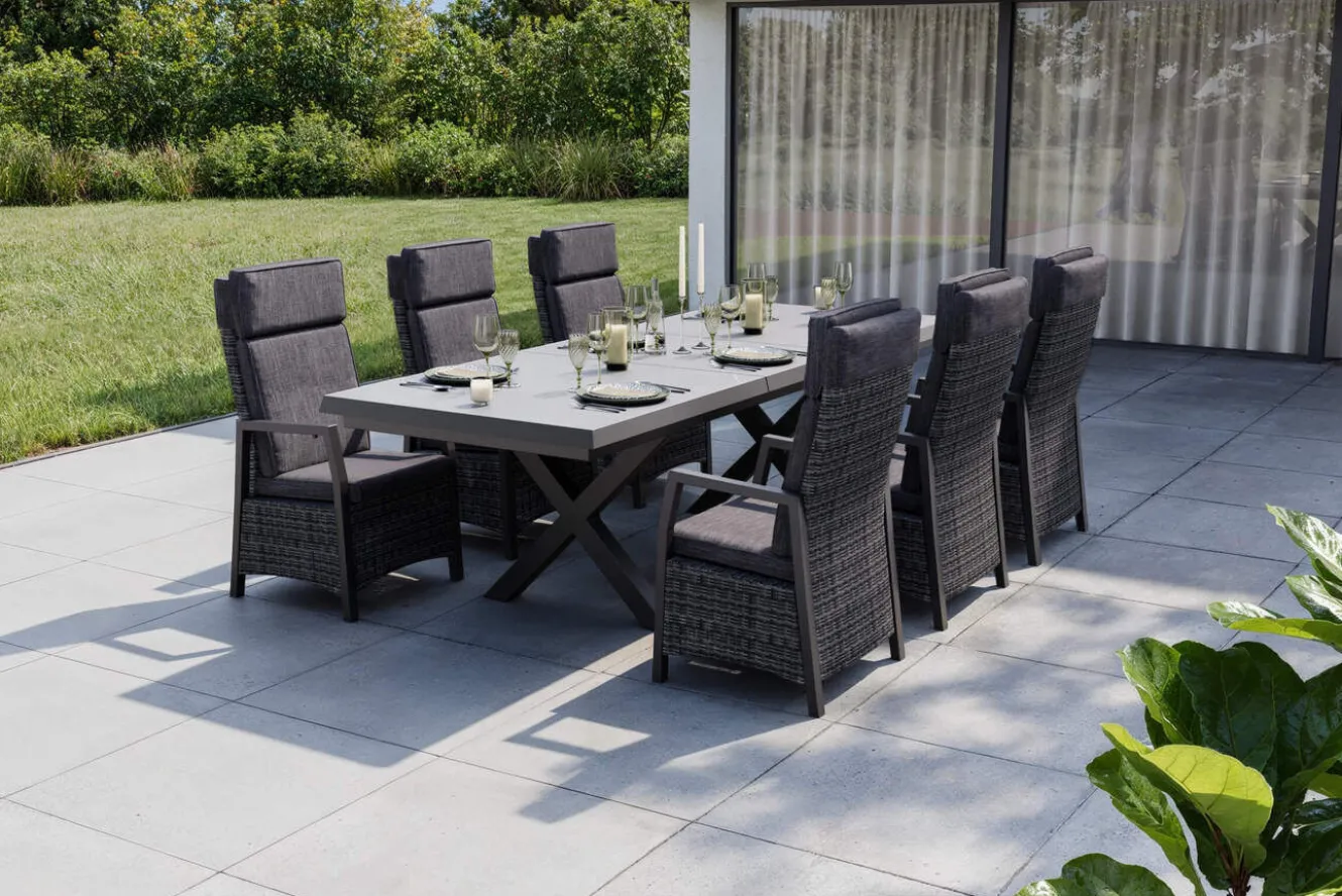 OUTFLEXX Serro Garten-Essgruppe, schwarz/anthrazit/grau, Aluminium/Polyrattan/Steinimitat, Tisch 200/260 x 100 cm, 6 Diningsessel