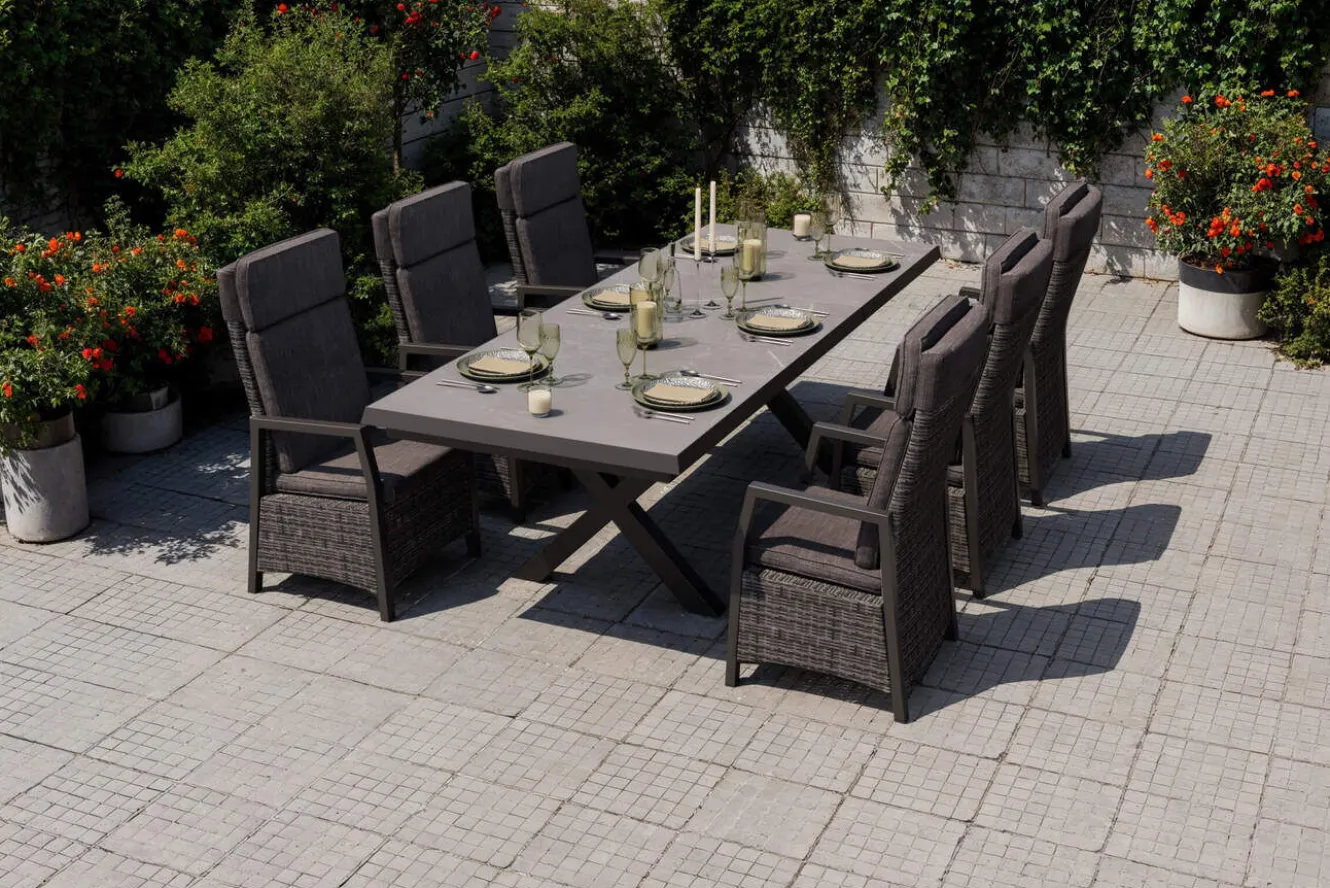OUTFLEXX Serro Garten-Essgruppe, schwarz/anthrazit/grau, Aluminium/Polyrattan/Steinimitat, Tisch 200/260 x 100 cm, 6 Diningsessel