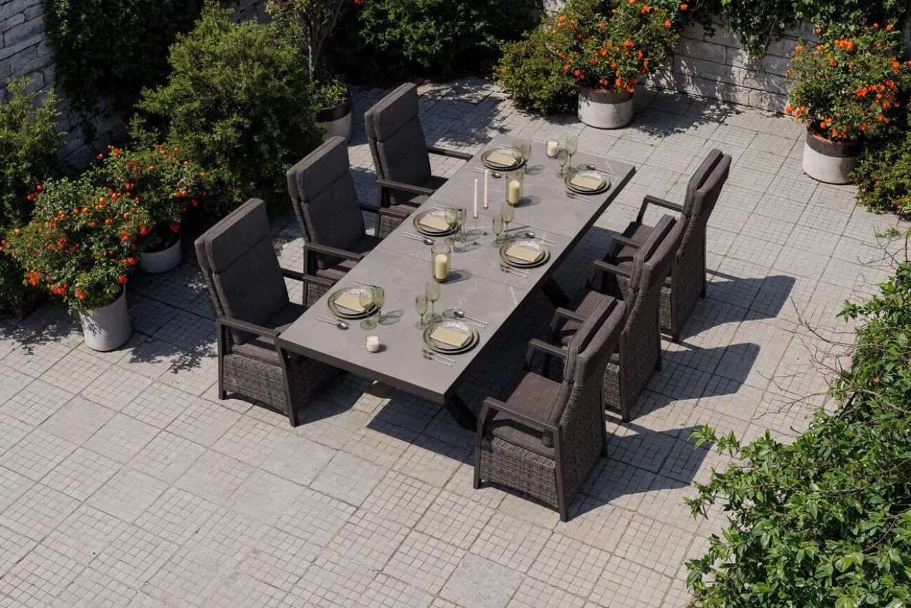 OUTFLEXX Serro Garten-Essgruppe, schwarz/anthrazit/grau, Aluminium/Polyrattan/Steinimitat, Tisch 200/260 x 100 cm, 6 Diningsessel