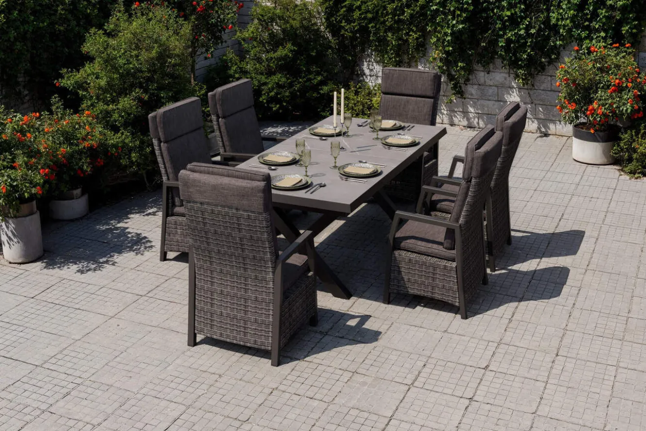 OUTFLEXX Serro Garten-Essgruppe, schwarz/anthrazit/grau, Aluminium/Polyrattan/Steinimitat, Tisch 200/260 x 100 cm, 6 Diningsessel