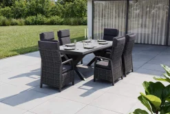 OUTFLEXX Serro Garten-Essgruppe, schwarz/anthrazit/grau, Aluminium/Polyrattan/Steinimitat, Tisch 200/260 x 100 cm, 6 Diningsessel