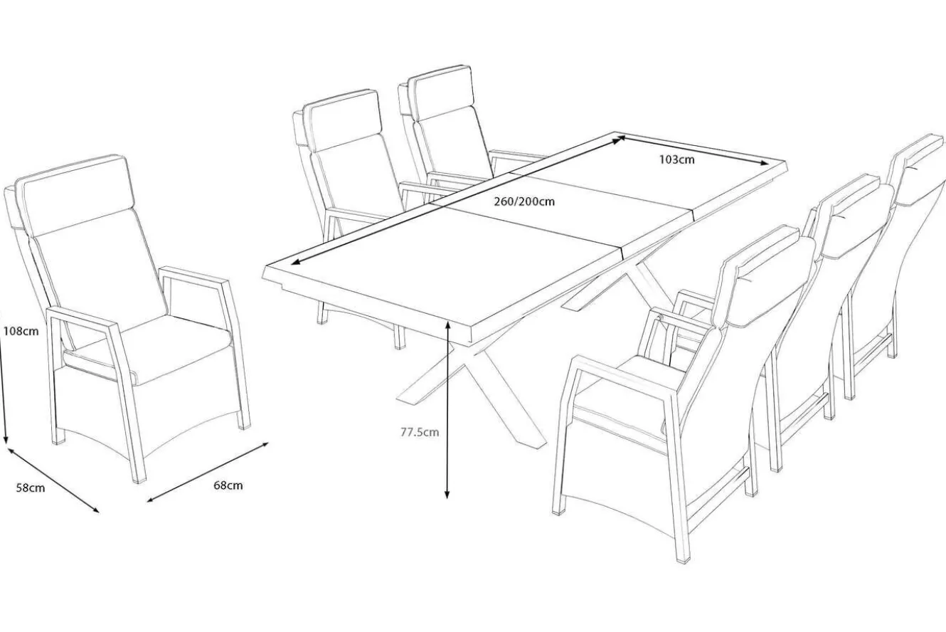 OUTFLEXX Serro Garten-Essgruppe, schwarz/anthrazit/grau, Aluminium/Polyrattan/Steinimitat, Tisch 200/260 x 100 cm, 6 Diningsessel
