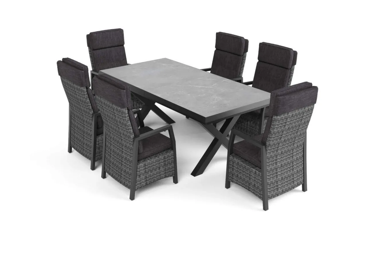OUTFLEXX Serro Garten-Essgruppe, schwarz/anthrazit/grau, Aluminium/Polyrattan/Steinimitat, Tisch 200/260 x 100 cm, 6 Diningsessel