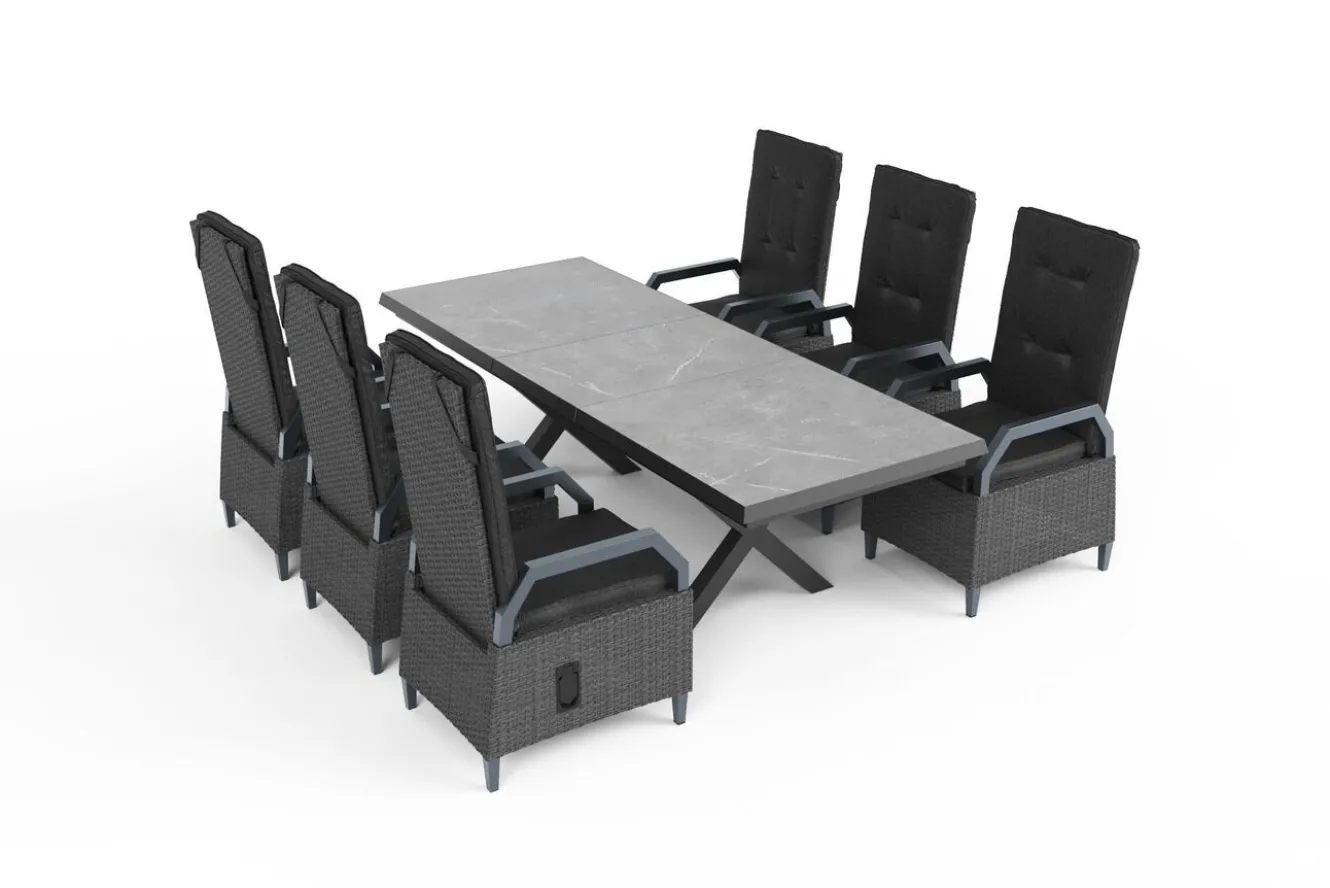 OUTFLEXX Serro Garten-Essgruppe, schwarz/grau, Aluminium/Polyrattan/Steinimitat, 200/260 x 100 cm, ausziehbar, 6 Diningsessel