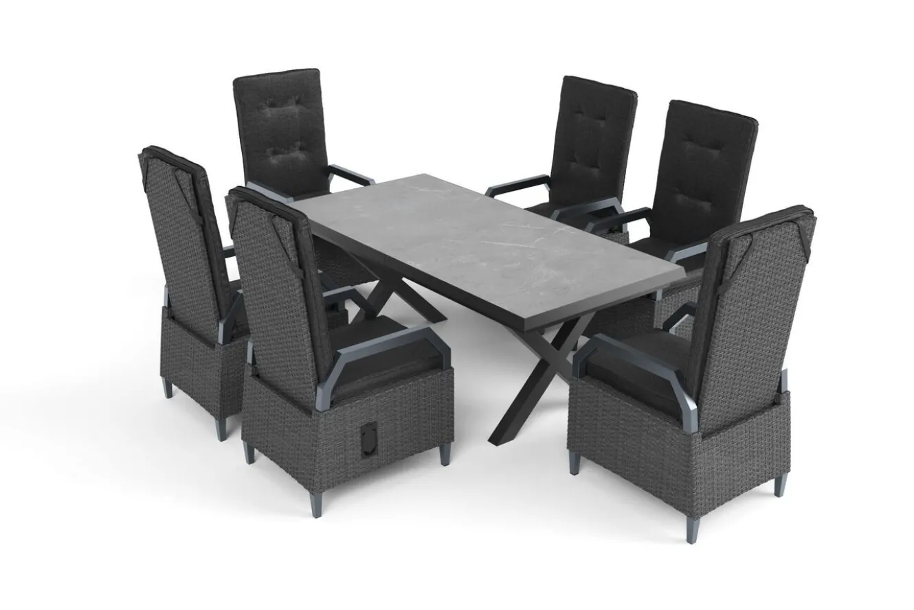OUTFLEXX Serro Garten-Essgruppe, schwarz/grau, Aluminium/Polyrattan/Steinimitat, 200/260 x 100 cm, ausziehbar, 6 Diningsessel
