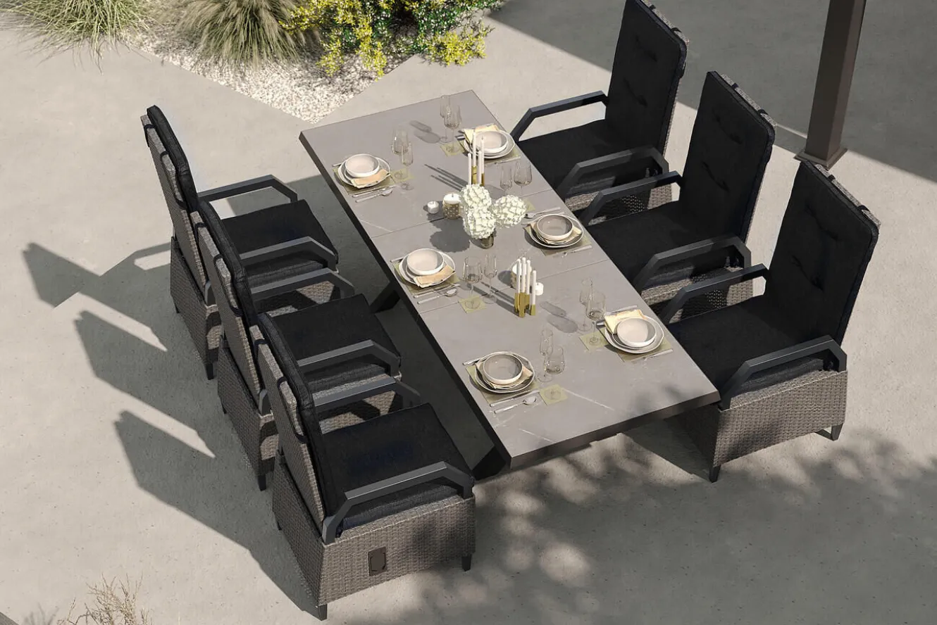 OUTFLEXX Serro Garten-Essgruppe, schwarz/grau, Aluminium/Polyrattan/Steinimitat, 200/260 x 100 cm, ausziehbar, 6 Diningsessel
