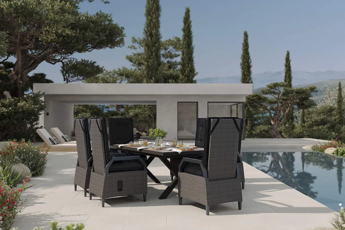 OUTFLEXX Serro Garten-Essgruppe, schwarz/grau, Aluminium/Polyrattan/Steinimitat, 200/260 x 100 cm, ausziehbar, 6 Diningsessel