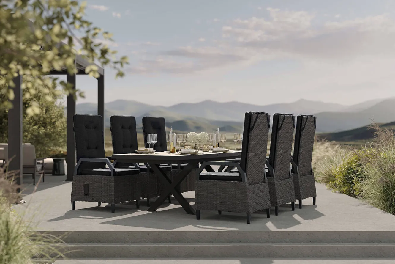 OUTFLEXX Serro Garten-Essgruppe, schwarz/grau, Aluminium/Polyrattan/Steinimitat, 200/260 x 100 cm, ausziehbar, 6 Diningsessel