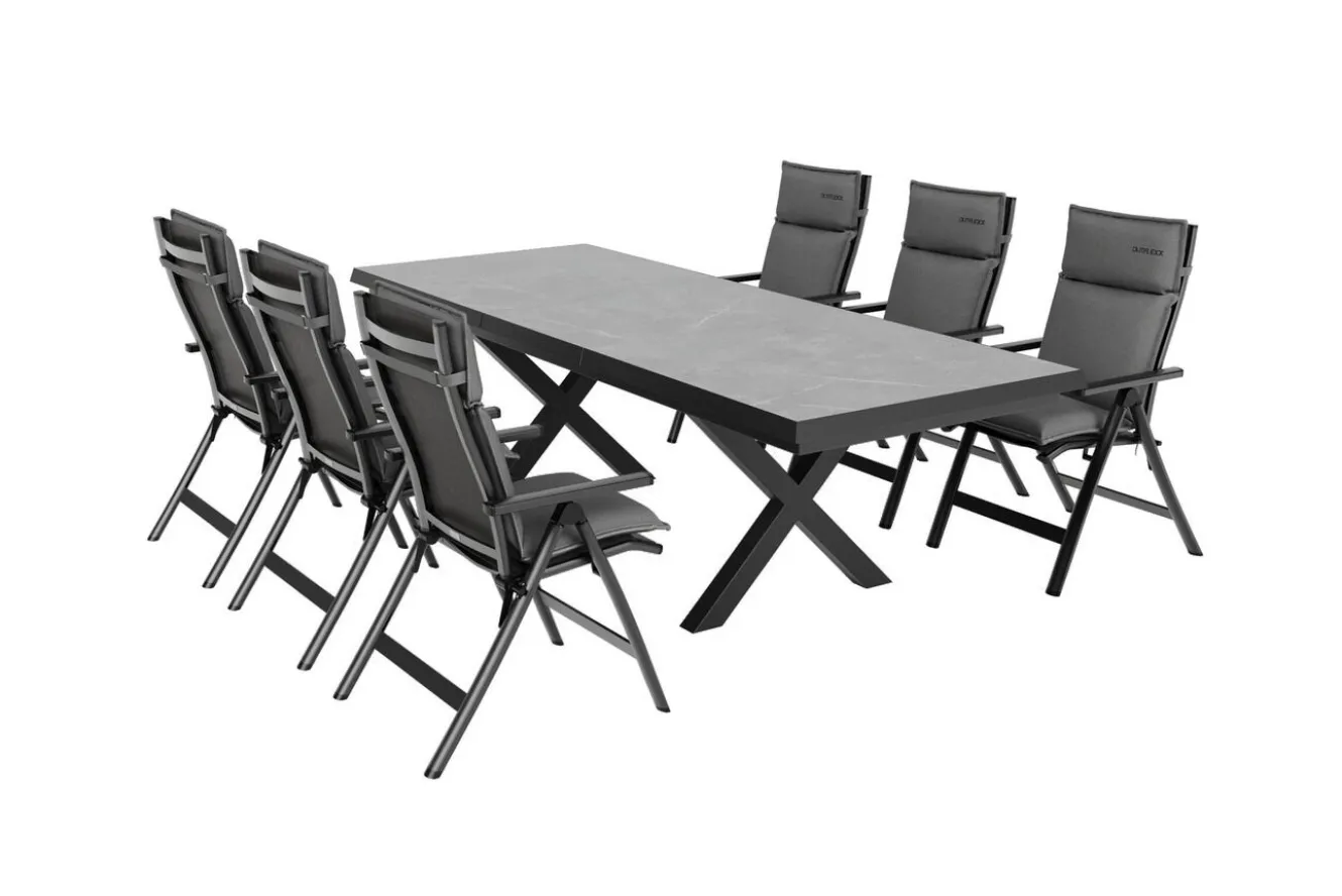 OUTFLEXX Serro Garten-Essgruppe, anthrazit matt/schwarz/anthrazit Alu/Steinimitat/Textilene, 200/260 x 100 cm, 6 Klappstühle inkl. 6 Auflagen