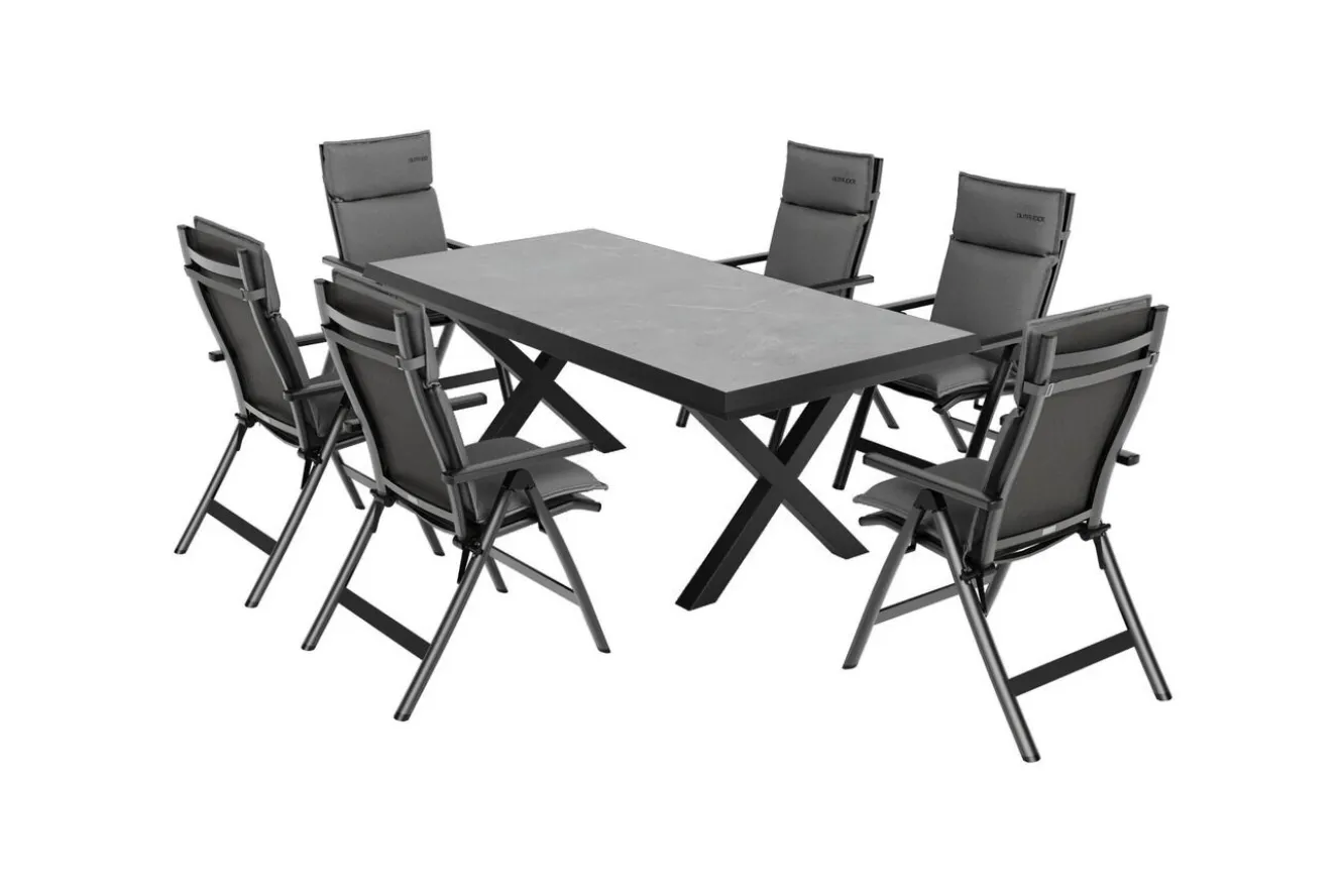 OUTFLEXX Serro Garten-Essgruppe, anthrazit matt/schwarz/anthrazit Alu/Steinimitat/Textilene, 200/260 x 100 cm, 6 Klappstühle inkl. 6 Auflagen