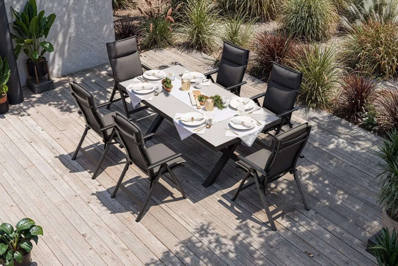 OUTFLEXX Serro Garten-Essgruppe, anthrazit matt/schwarz/anthrazit Alu/Steinimitat/Textilene, 200/260 x 100 cm, 6 Klappstühle inkl. 6 Auflagen