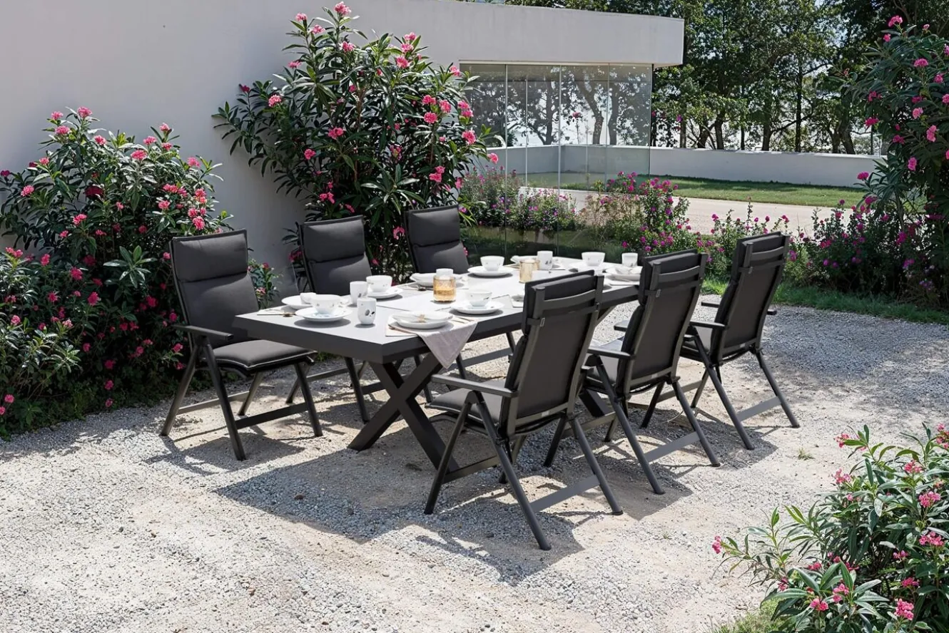 OUTFLEXX Serro Garten-Essgruppe, anthrazit matt/schwarz/anthrazit Alu/Steinimitat/Textilene, 200/260 x 100 cm, 6 Klappstühle inkl. 6 Auflagen