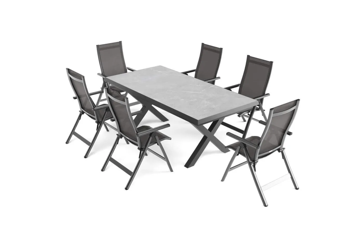 OUTFLEXX Serro Garten-Essgruppe, anthrazit matt/schwarz/grau, Aluminium/Steinimitat/Textilene, 200/260 x 100 cm, ausziehbar, 6 Klappstühle