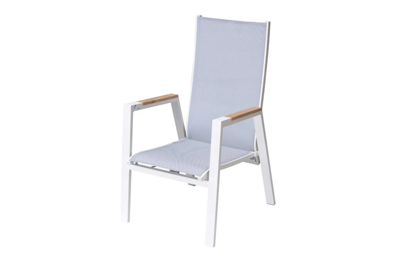 OUTFLEXX Sessel, creme/weiß, Alu/Textilene, mit Teak-Armlehnen, wetterfest, hochwertig, abnehmbarer Bezug