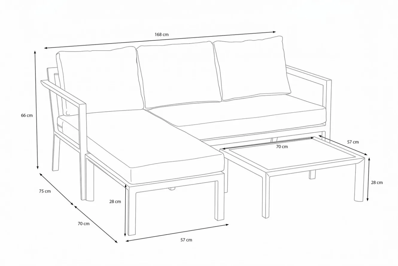 OUTFLEXX 3-Sitzer Sofa, anthrazit matt, Alu/Polyester, 167x75x66 cm, inklusive Hocker und Beistelltisch