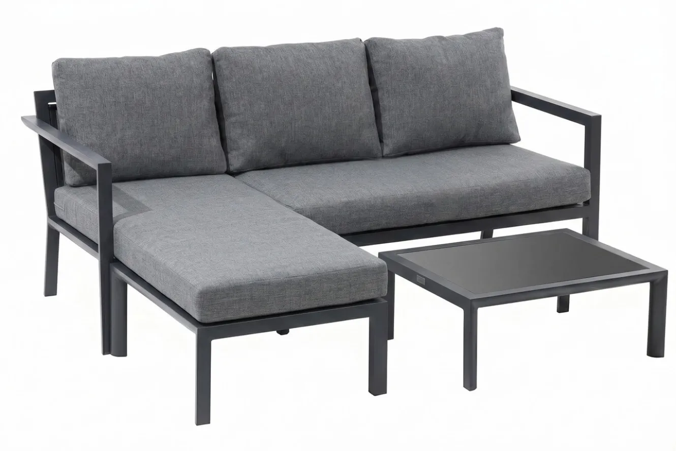 OUTFLEXX 3-Sitzer Sofa, anthrazit matt, Alu/Polyester, 167x75x66 cm, inklusive Hocker und Beistelltisch