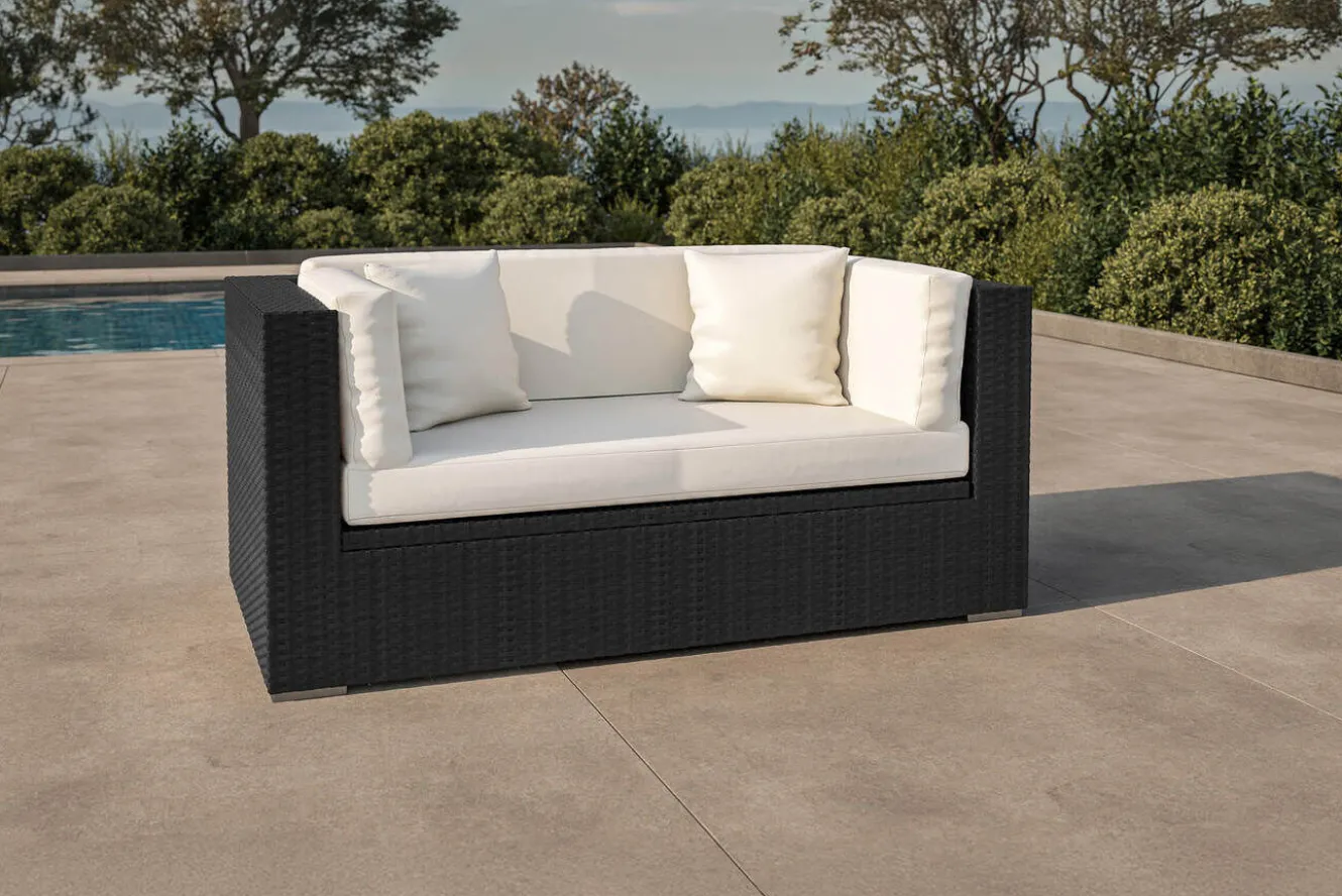 OUTFLEXX 2-Sitzer Sofa, creme/weiß, schwarz, Polyrattan 152x85x70cm, inkl. Polster und wasserfeste Kissenbox