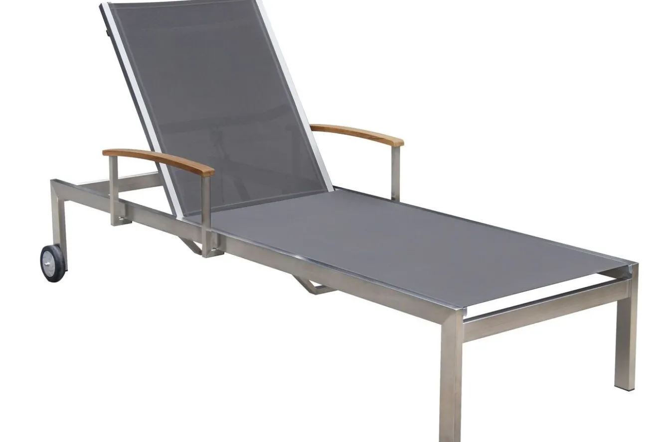 OUTFLEXX Sonnenliegen-Set, taupe, Edelstahl/Teak, 195,5x74x35cm, mit Armlehnen, inkl. Beistelltisch 45x45cm, FSC®-zertifiziertes Produkt