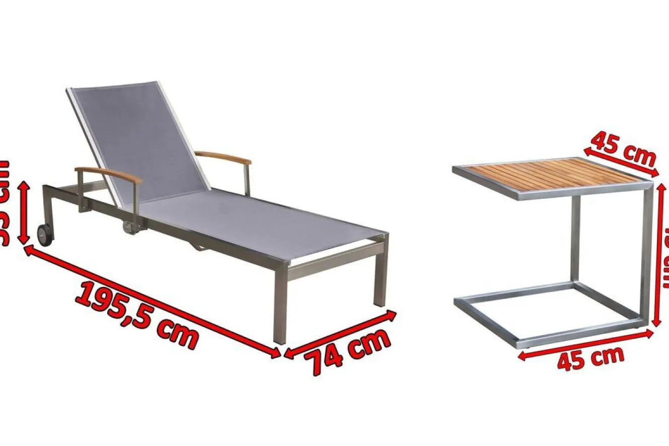 OUTFLEXX Sonnenliegen-Set, taupe, Edelstahl/Teak, 195,5x74x35cm, mit Armlehnen, inkl. Beistelltisch 45x45cm, FSC®-zertifiziertes Produkt