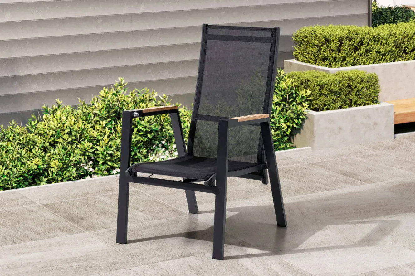 OUTFLEXX Stapelsessel, anthrazit matt, Alu/Polyester, 71,5x59x106 cm, Teak Armlehnen, inkl. Polster