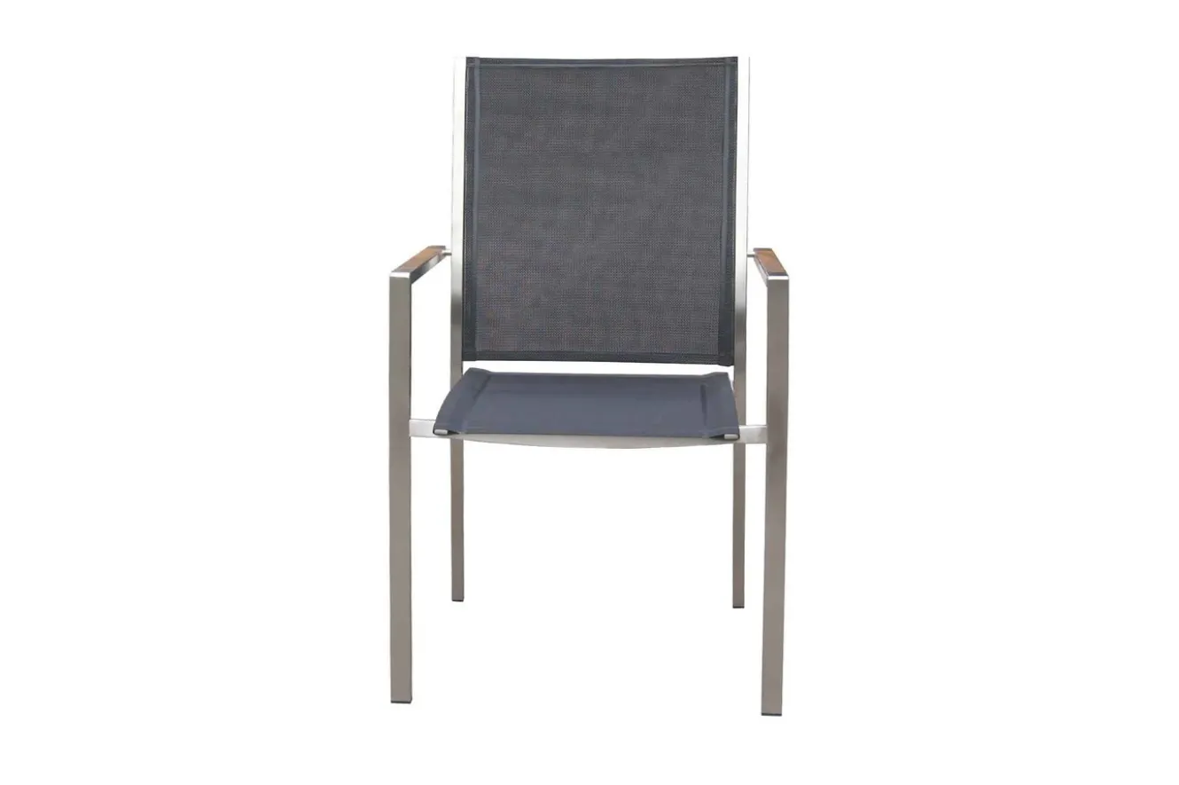 OUTFLEXX Stapelsessel, schwarz, Teak / Edelstahl / Textilene, 63x57x93 cm
