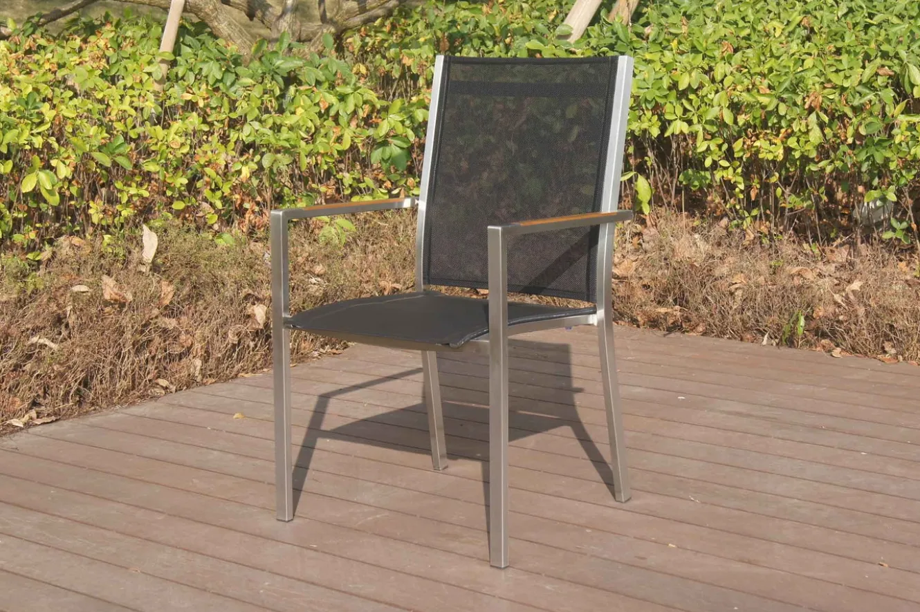 OUTFLEXX Stapelsessel, schwarz, Teak / Edelstahl / Textilene, 63x57x93 cm