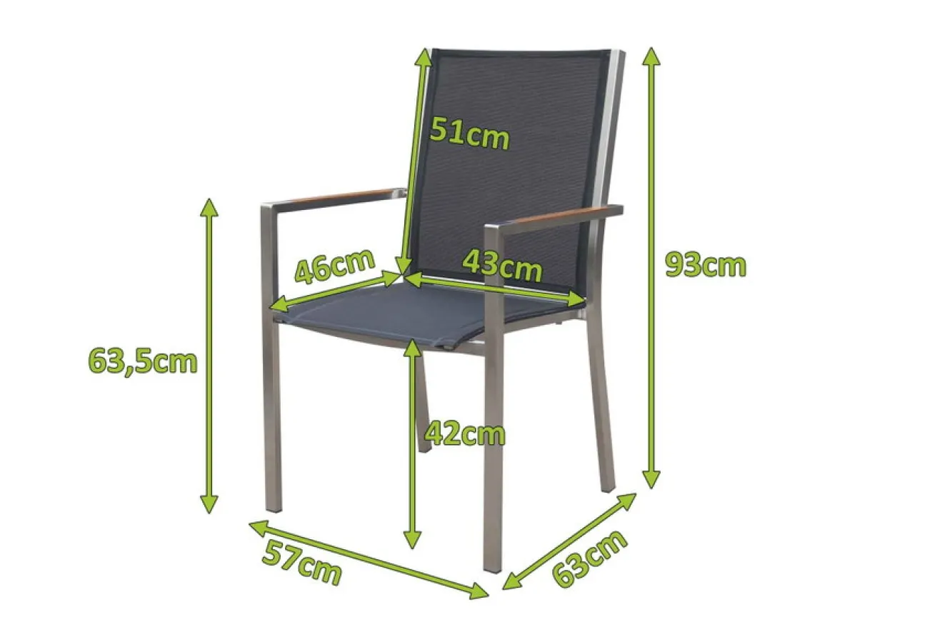OUTFLEXX Stapelsessel, schwarz, Teak / Edelstahl / Textilene, 63x57x93 cm