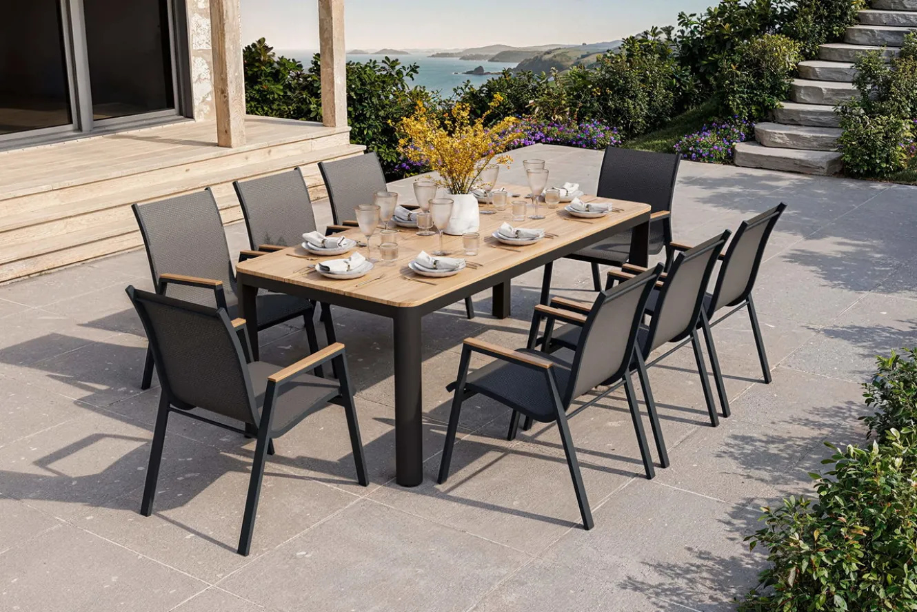 OUTFLEXX Tallinn Garten-Essgruppe, 8 Personen, Tisch 200x90 cm, Alu/Holzimitat, anthrazit/natur