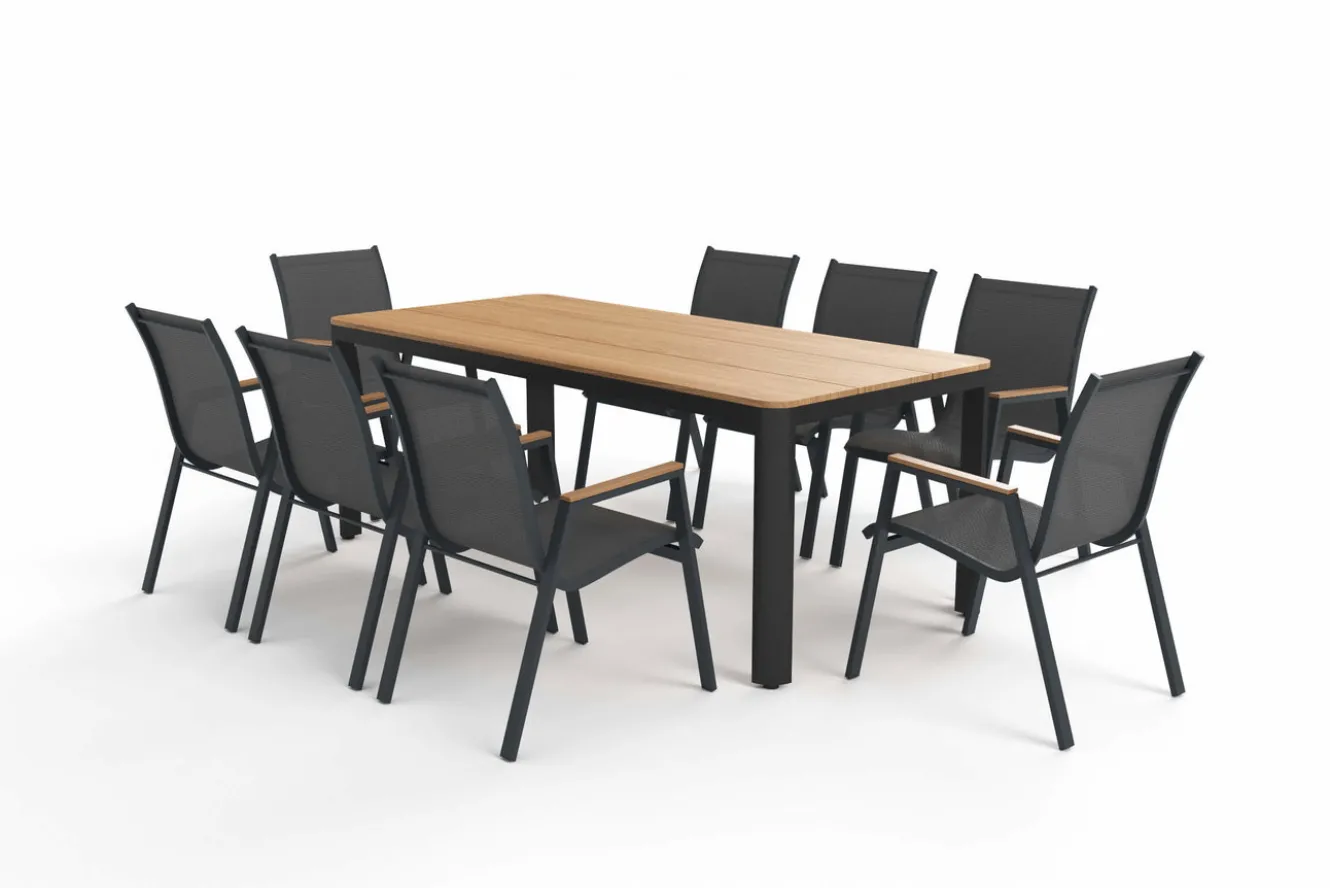OUTFLEXX Tallinn Garten-Essgruppe, 8 Personen, Tisch 200x90 cm, Alu/Holzimitat, anthrazit/natur
