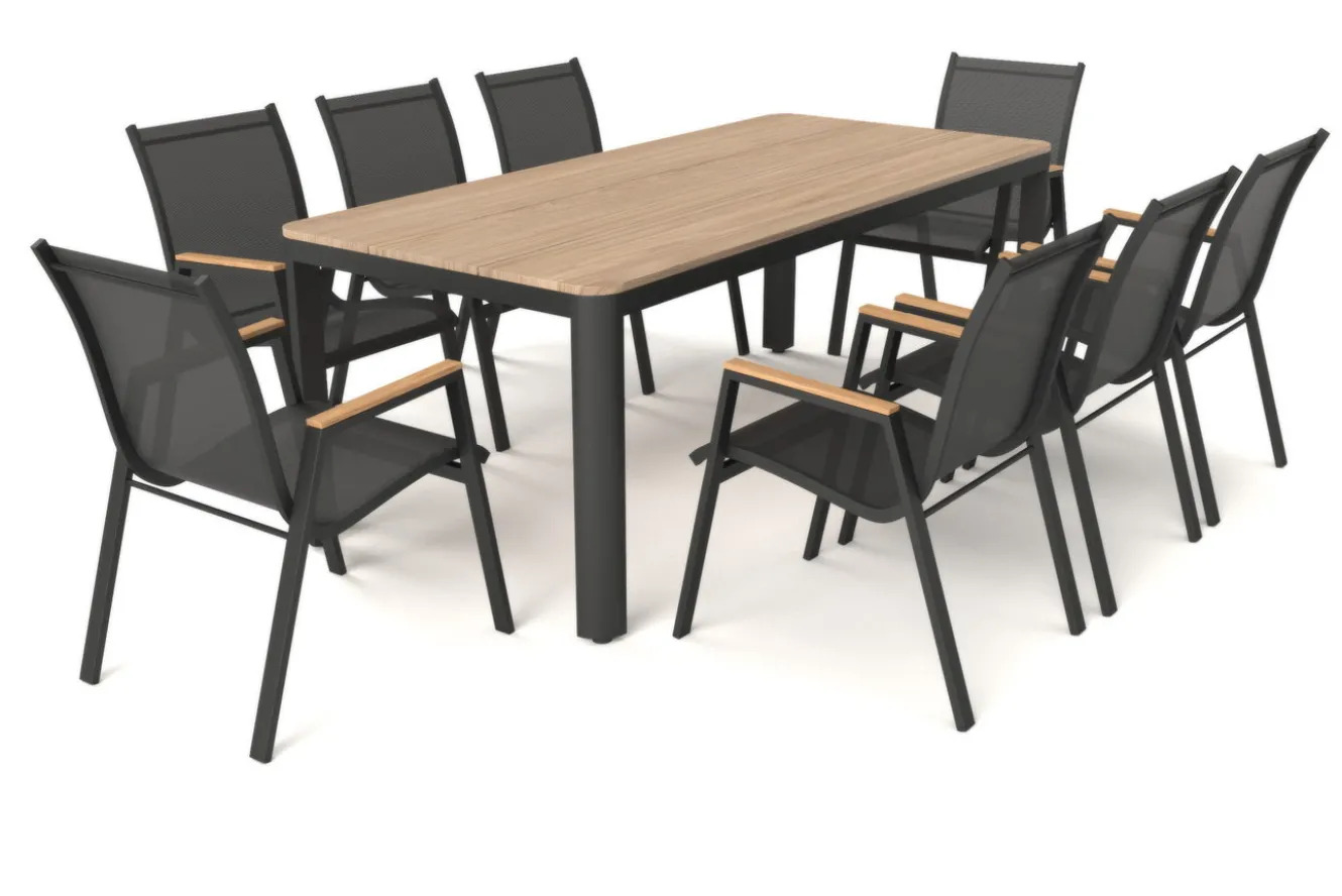 OUTFLEXX Tallinn Garten-Essgruppe, 8 Personen, Tisch 200x90 cm, Alu/Holzimitat, anthrazit/natur