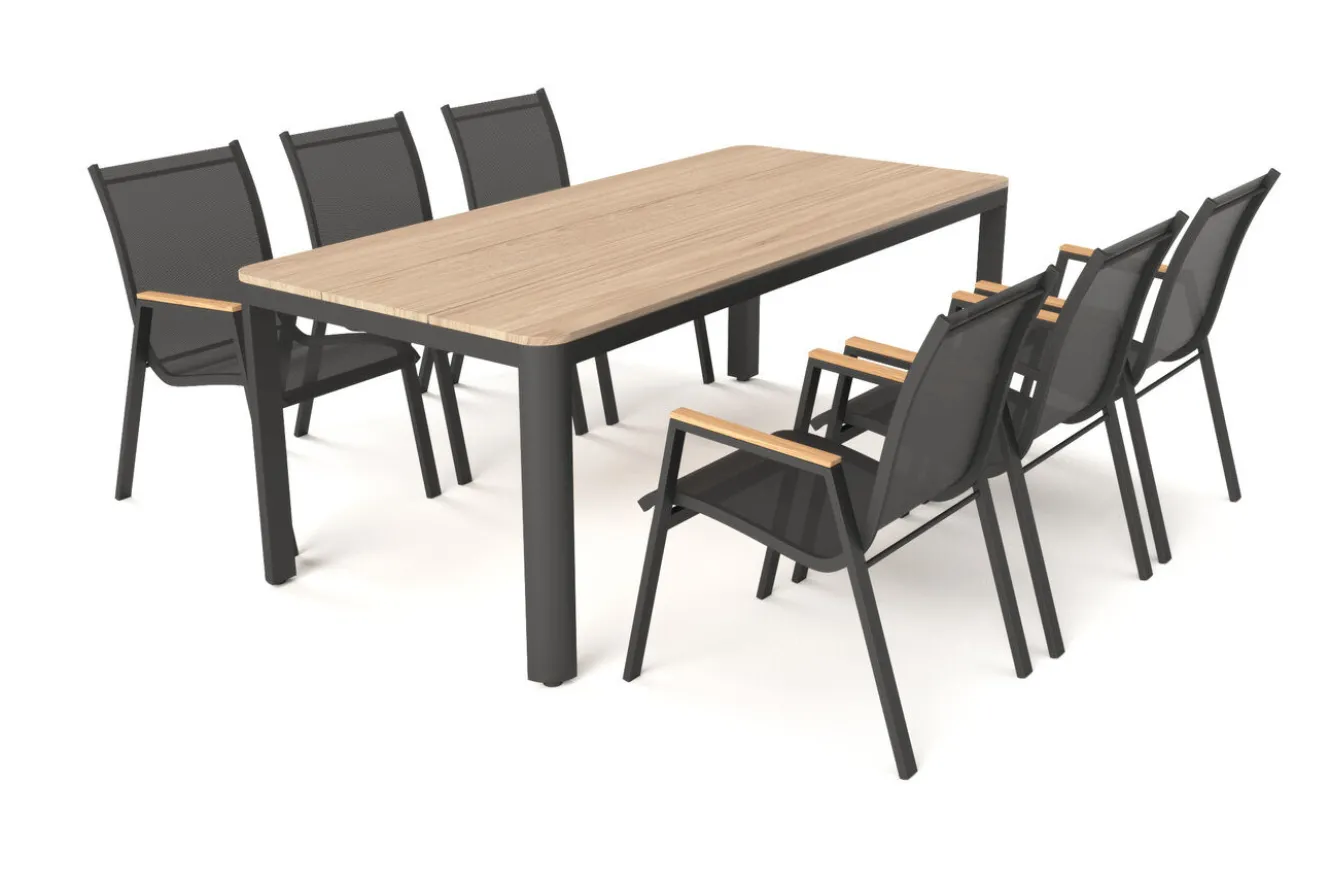 OUTFLEXX Tallinn Garten-Essgruppe mit 6 Stapelsesseln, anthrazit matt/natur, Alu/Holzimitat, Esstisch 150 x 90 cm