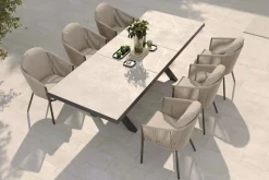OUTFLEXX Tavio Garten-Essgruppe schwarz/beige, Alu/Steinimitat/Rope-Geflecht, Tisch 200/260 x 100 cm, 6 Diningsessel, ausziehbar