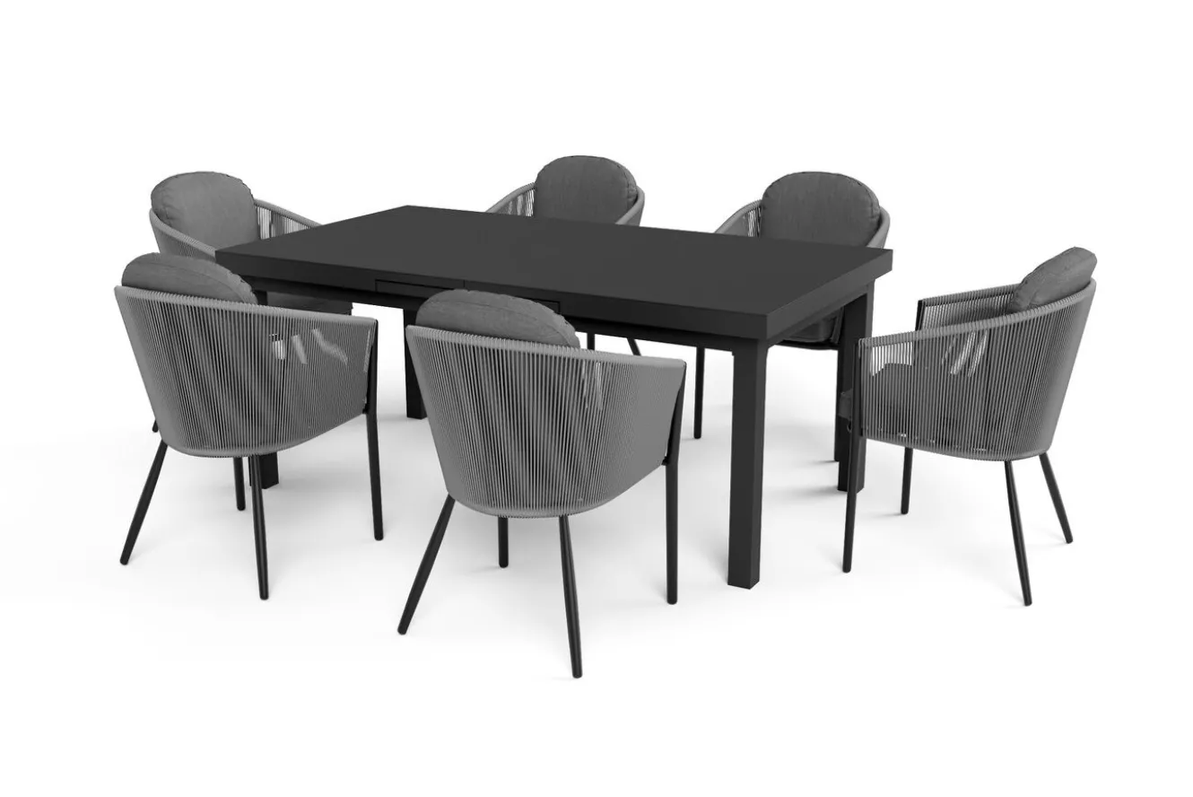OUTFLEXX Tavio Garten-Essgruppe, anthrazit matt/dunkelgrau, Alu/Rope-Geflecht, Ausziehtisch 180/240 x 100 cm, inkl. 6 Dining Sessel