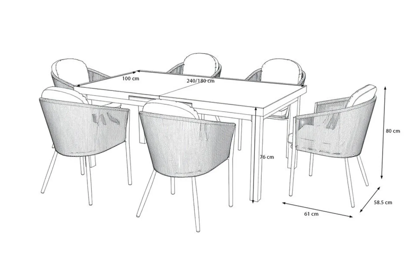 OUTFLEXX Tavio Garten-Essgruppe, anthrazit matt/dunkelgrau, Alu/Rope-Geflecht, Ausziehtisch 180/240 x 100 cm, inkl. 6 Dining Sessel