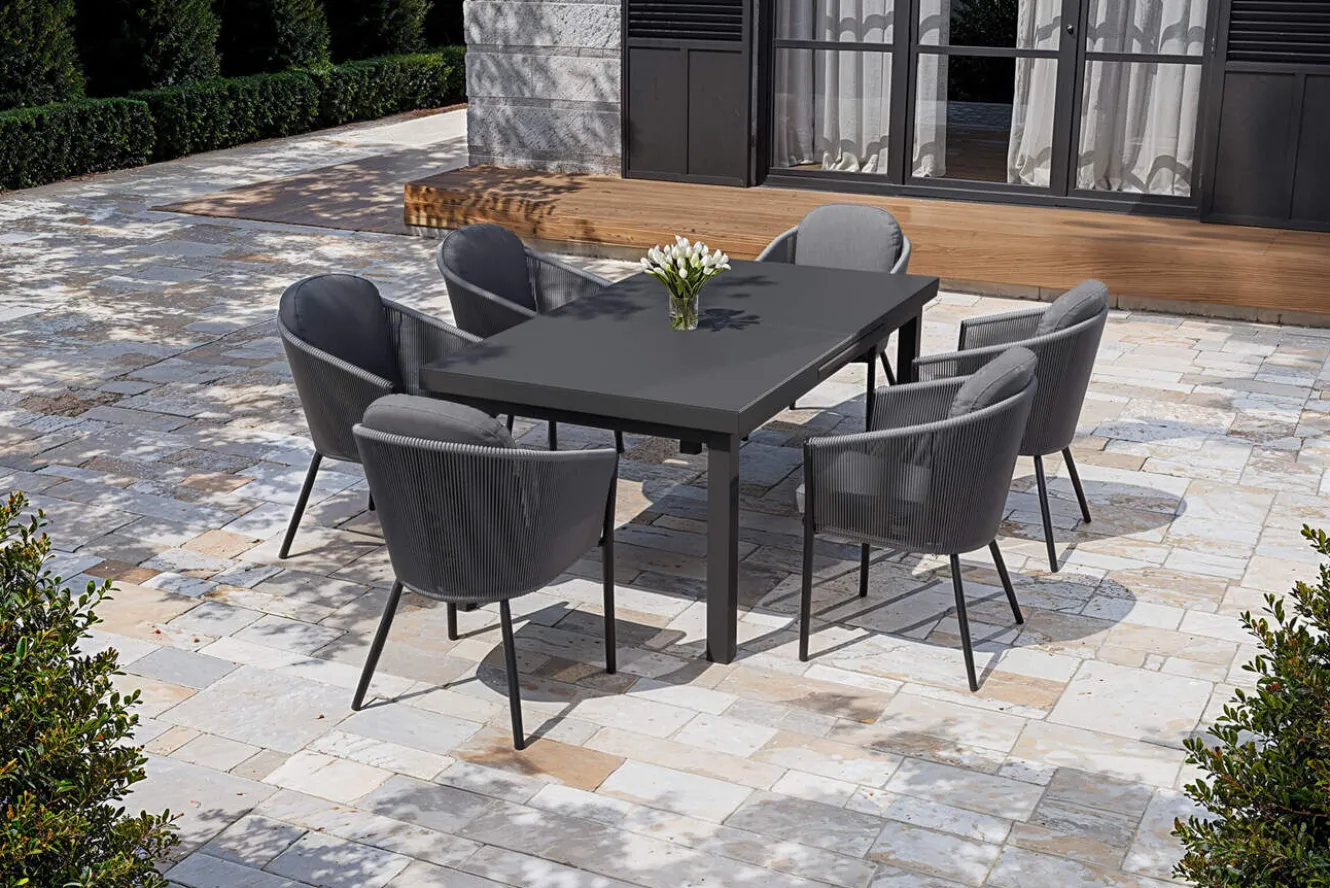 OUTFLEXX Tavio Garten-Essgruppe, anthrazit matt/dunkelgrau, Alu/Rope-Geflecht, Ausziehtisch 180/240 x 100 cm, inkl. 6 Dining Sessel