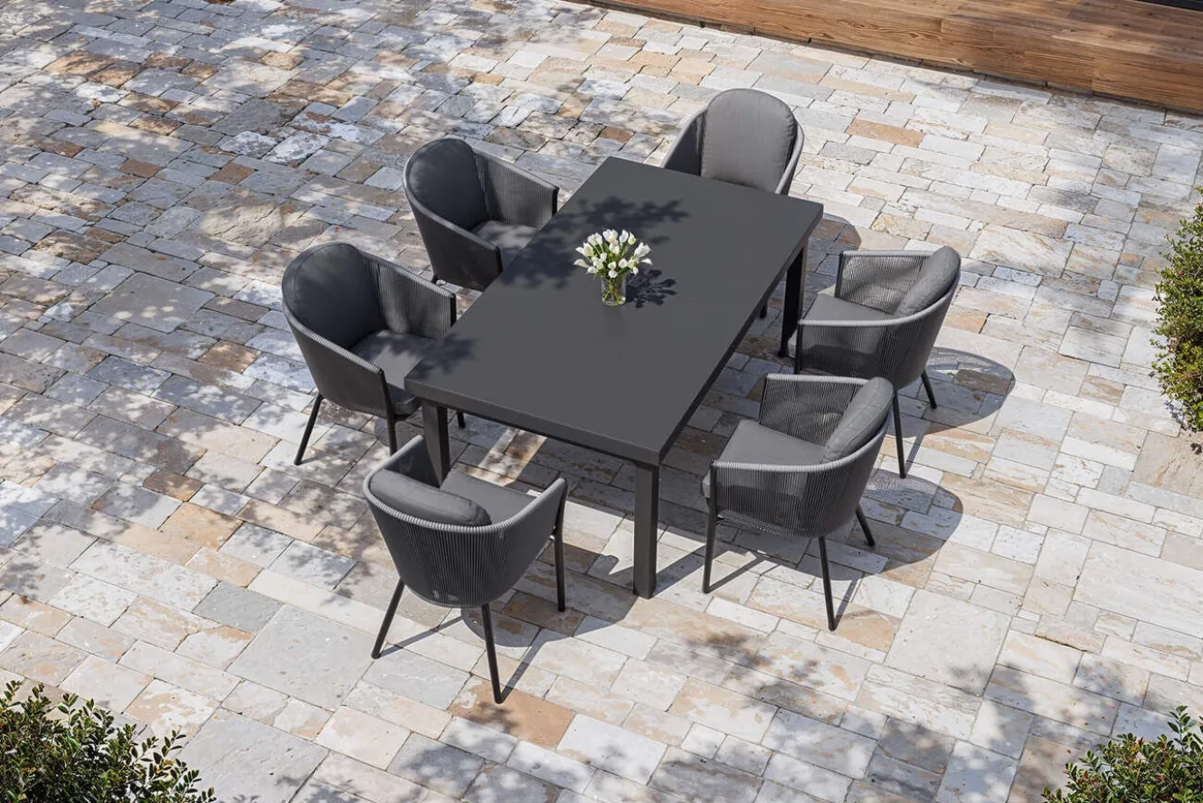 OUTFLEXX Tavio Garten-Essgruppe, anthrazit matt/dunkelgrau, Alu/Rope-Geflecht, Ausziehtisch 180/240 x 100 cm, inkl. 6 Dining Sessel