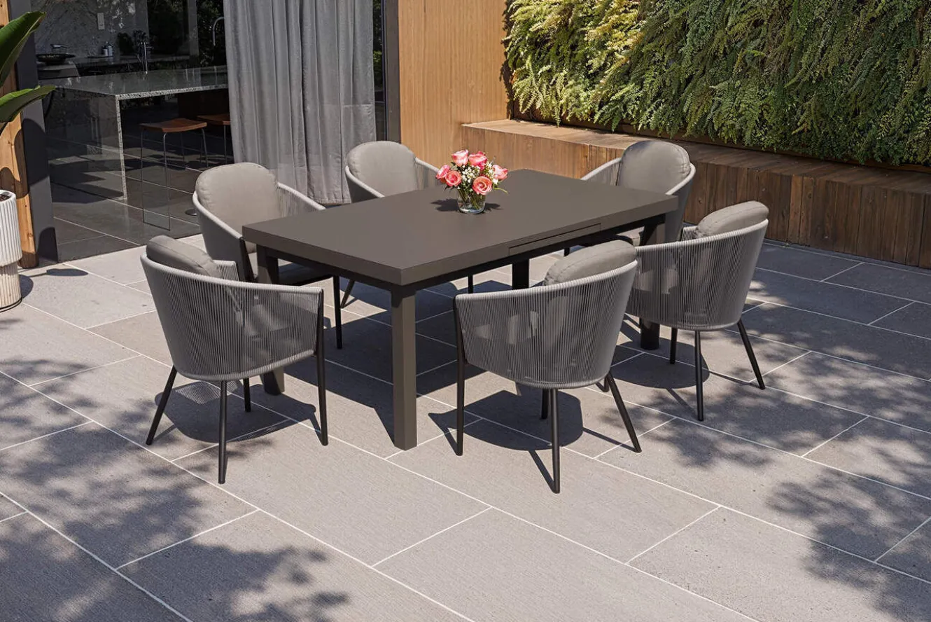 OUTFLEXX Tavio Garten-Essgruppe, anthrazit matt/dunkelgrau, Alu/Rope-Geflecht, Ausziehtisch 180/240 x 100 cm, inkl. 6 Dining Sessel