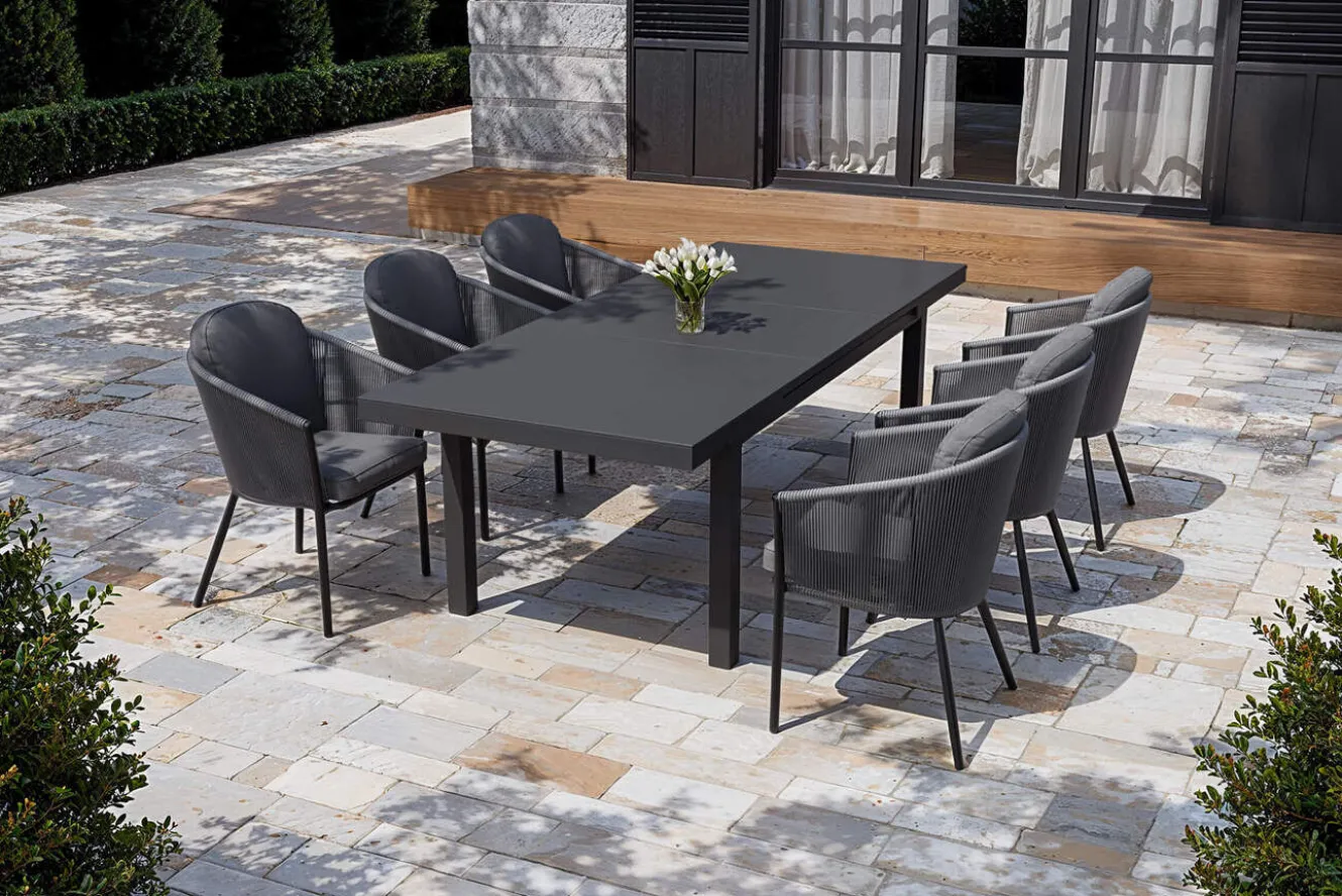 OUTFLEXX Tavio Garten-Essgruppe, anthrazit matt/dunkelgrau, Alu/Rope-Geflecht, Ausziehtisch 180/240 x 100 cm, inkl. 6 Dining Sessel