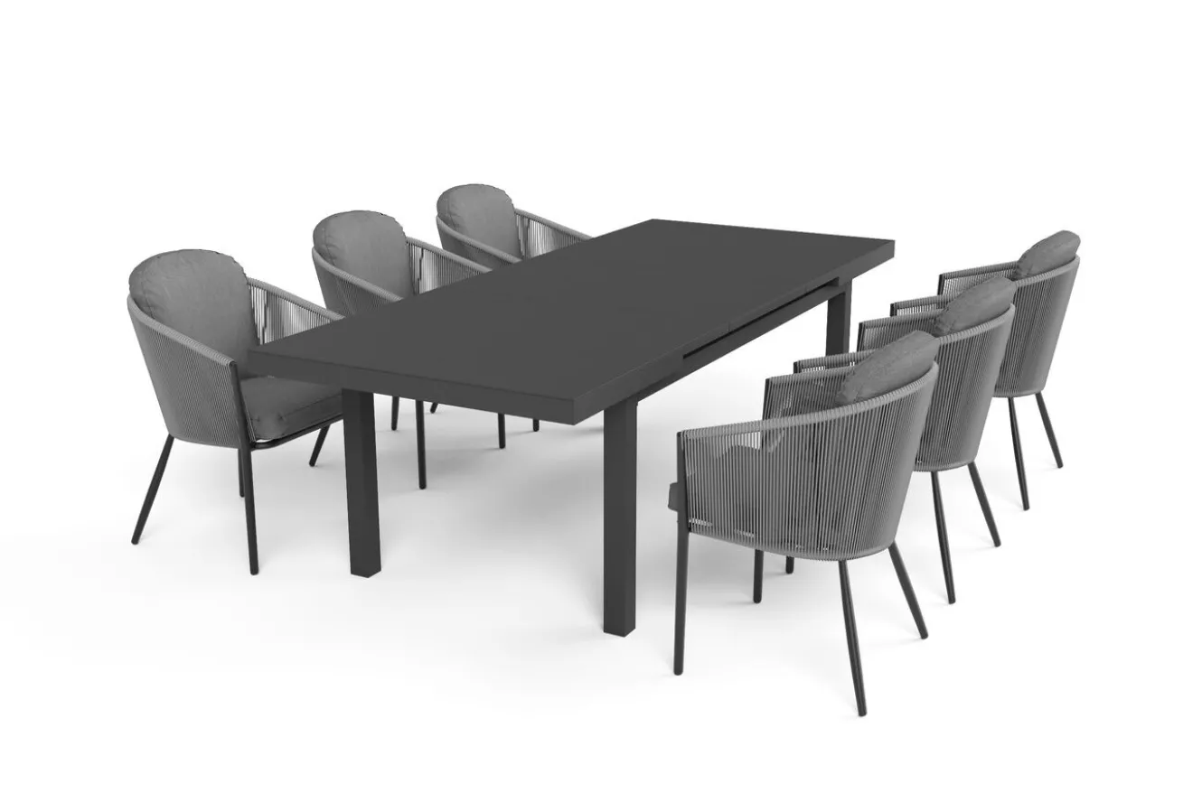 OUTFLEXX Tavio Garten-Essgruppe, anthrazit matt/dunkelgrau, Alu/Rope-Geflecht, Ausziehtisch 180/240 x 100 cm, inkl. 6 Dining Sessel