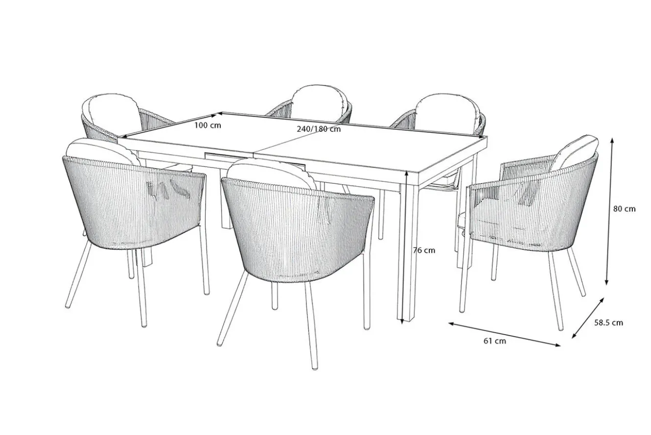 OUTFLEXX Tavio Garten-Essgruppe, anthrazit matt/dunkelgrau, Alu/Rope-Geflecht, Ausziehtisch 180/240 x 100 cm, inkl. 6 Dining Sessel